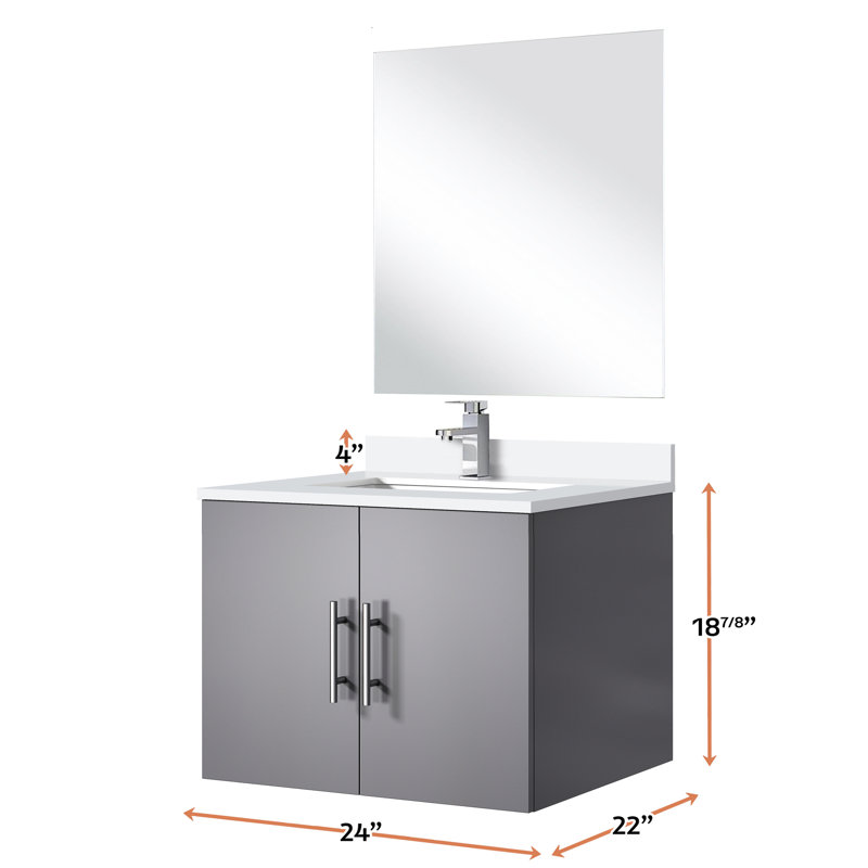 Meuble-lavabo gris foncé pour salle de bain, 24 po L 22 po x P 22 po, comptoir en quartz blanc, robinet et miroir 18 po