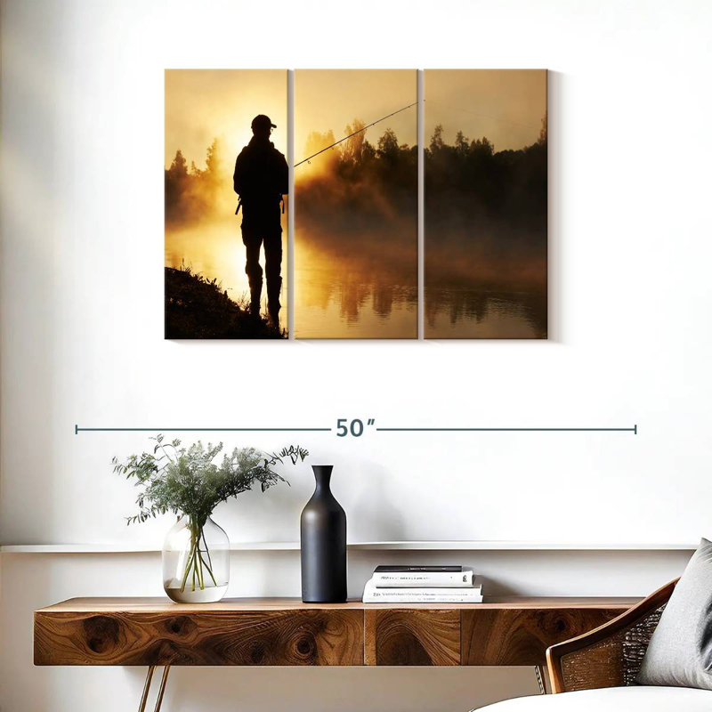«Foggy Riverbank Fishing», 3 pièces sur toile, H 24 po x l 38 po x P 1,25 po