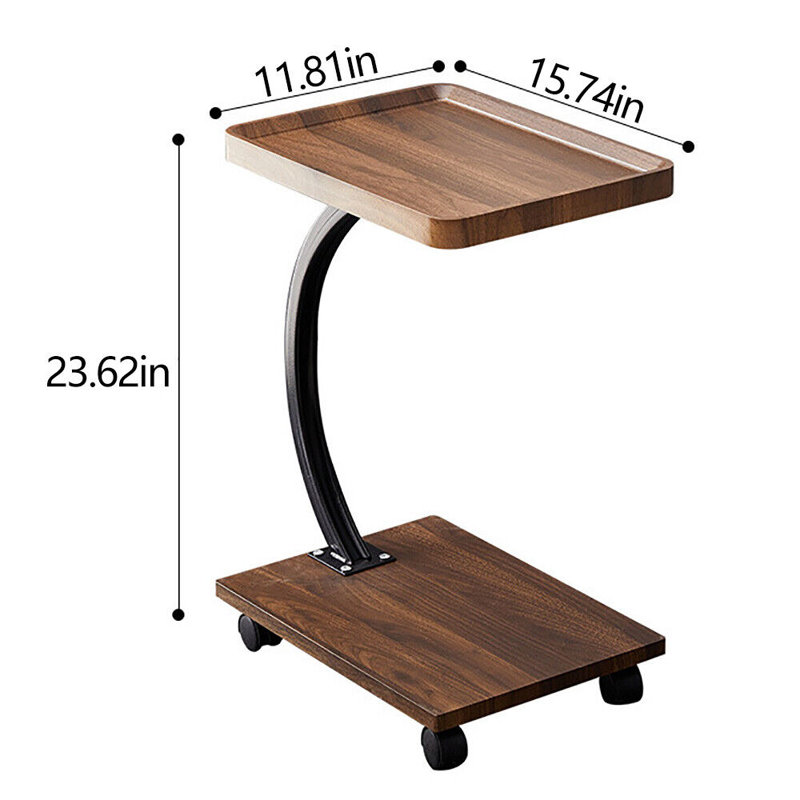 C Shaped Side Table Movable Sofa End Table Modern Coffee Table With Wheels For Small Spaces, Brown Wood