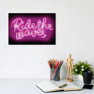 Neon Ride The Waves Pink On Black by Hailey Carr - Wrapped Canvas Print