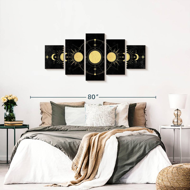 " Gold Moon Phases Multi Piece Canvas Print " 5 - Pieces, 30" H x 68" W x 1.25" D