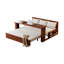 Canapé-lit compact 3-en-1 avec table coulissante et rangement, structure en noyer, coussins en lin