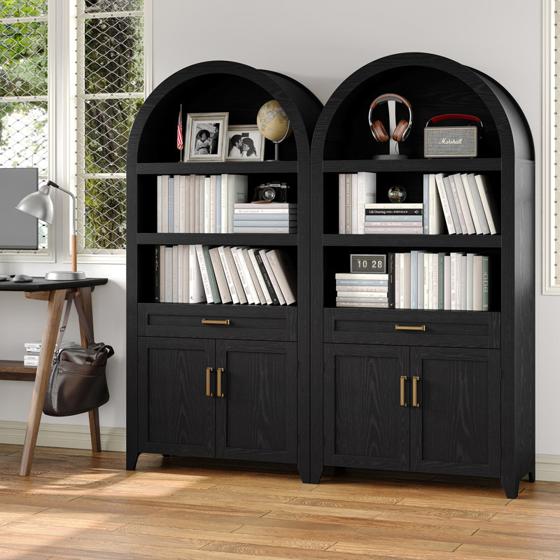 65" Tall Arched Storage Bookcase with Adjustable Shelves,Arched Cabinet with Drawer, Black
