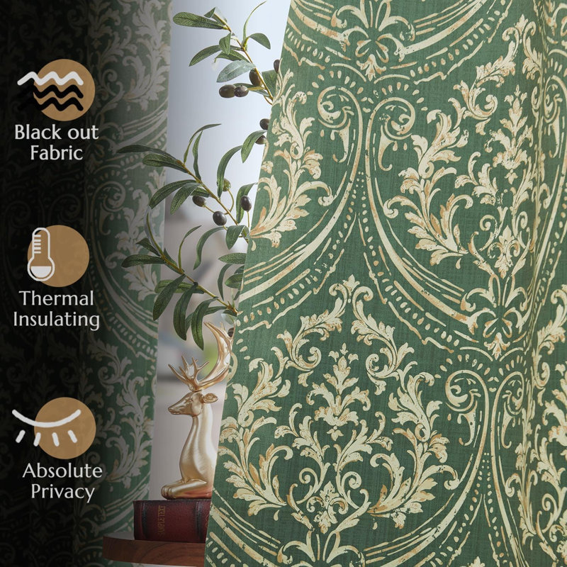 Blackout Damask Patterned Grommet Curtains for Living Room, Green, 52" W x 84" L