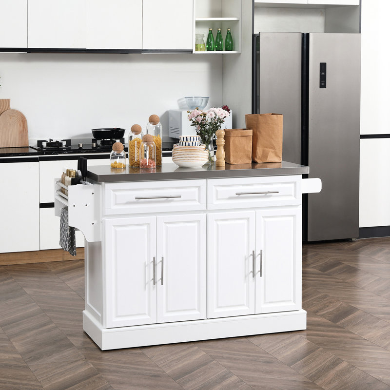 Îlot de cuisine sur roulettes pour plus d'efficacité, blanc, comptoir en acier inoxydable, 2 tiroirs, armoires, étagère à épices, porte-serviettes, armoire mobile, plateau, support, support, solution de rangement pratique