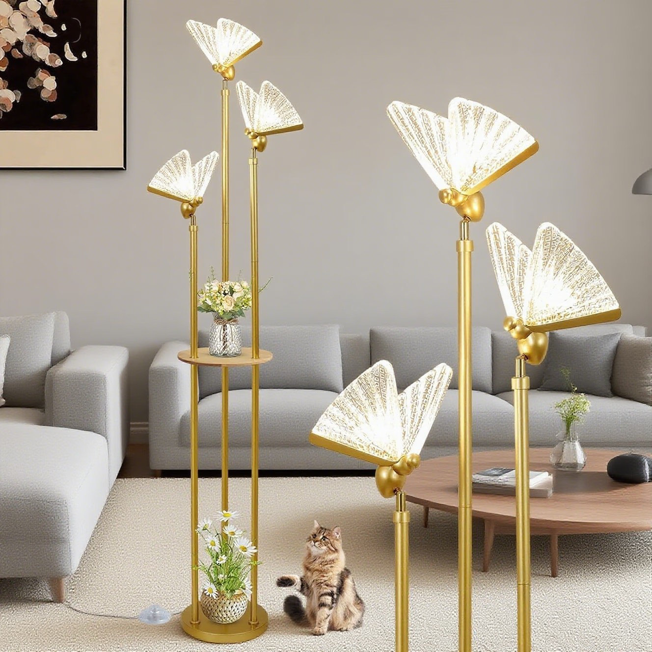 Everly Quinn Modern Floor Lamp With Shelves And Adjustable LED ...