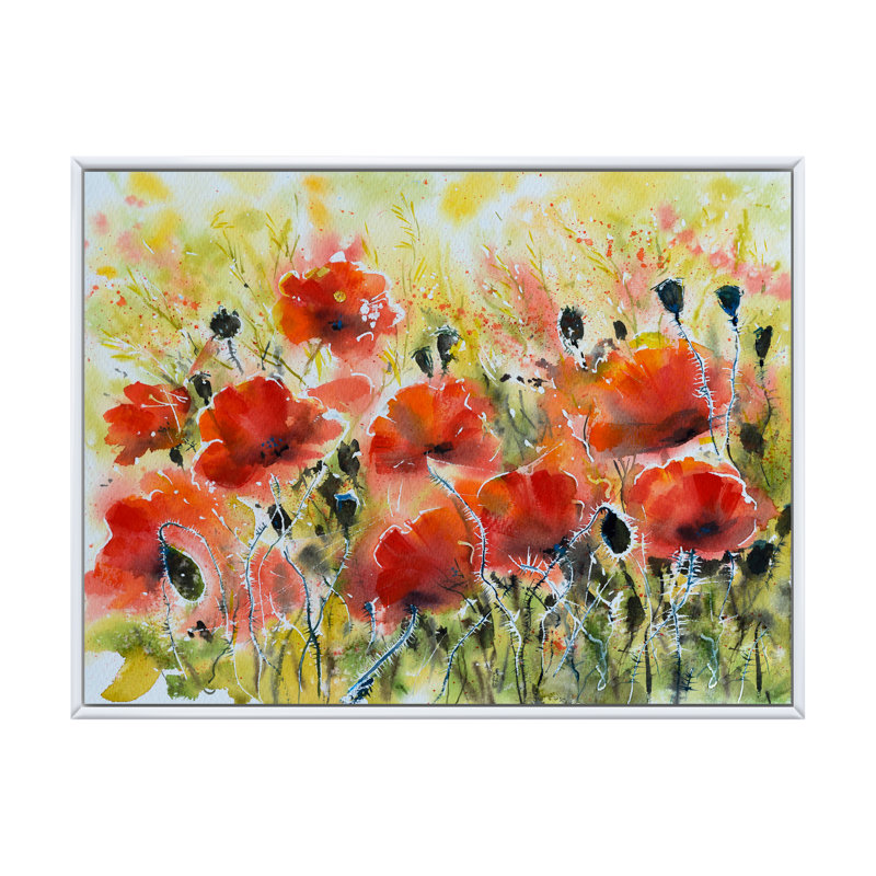 «Color Red Poppy Flowers», peinture sur toile encadrée, H 8 po x l 12 po x P 1,5 po, Cadre flottant blanc