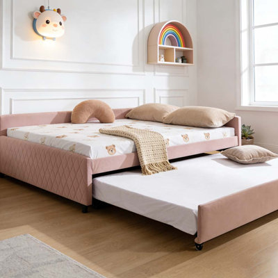 Upholstered Daybed with Trundle,sturdy wooden bed frame