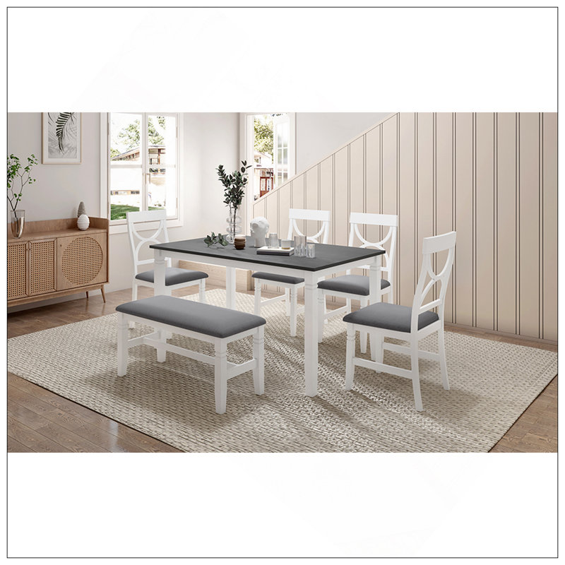 6-Piece Wood Dining Table Set Kitchen Table Set With Upholstered Bench And 4 Dining Chairs, Farmhouse Style,Gray+White