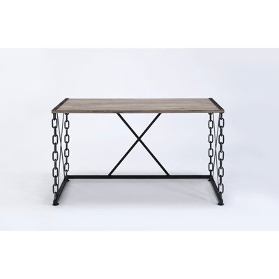 Rustic Oak & Antique Black Console Table, Rectangular With Wooden Top And Metal Joining Desk Finish Legs