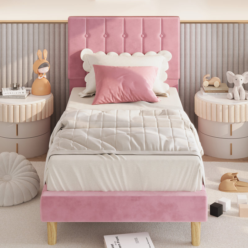 Gurit 43'' Modern Twin Bed Frames with Upholstered Velvet Headboard, Low Profile Design with Strong Wooden Slats, No Box Spring Needed and Noise-Free