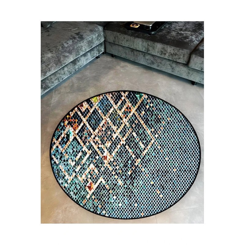 Blue Tones Geometric Patterned Round Woven Base Vintage Decorative Carpet, Round 4'