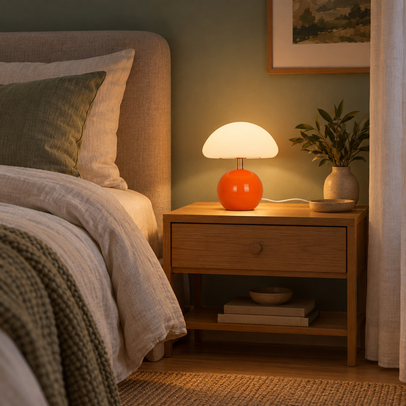 Lampe de table champignon en céramique orange, lampe de chevet à DEL alimentée par USB avec lumière tricolore pour table de chevet