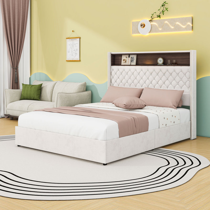 Lit capitonné en velours avec port de charge USB, veilleuse et rangement, Grand lit, Beige