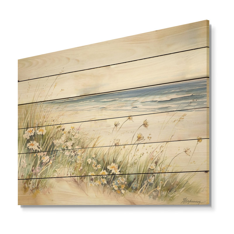 Fleurs sauvages sur la plage - Art mural en bois sur bois de pin naturel, H 10 po x l 20 po