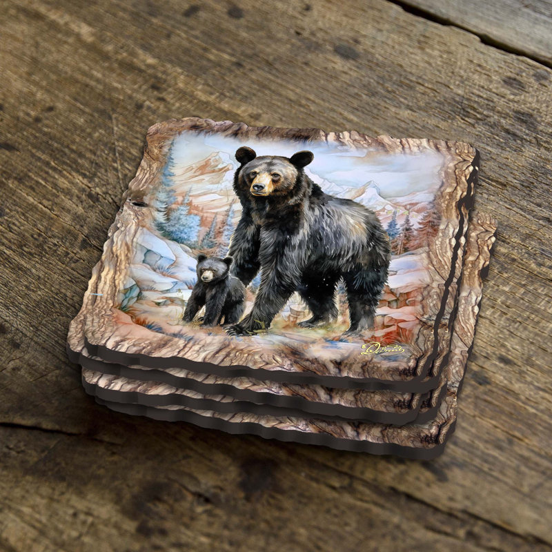 Black Bear Wooden Cork Coasters Gift Set