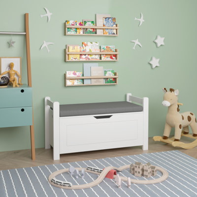Kids Toy Box Chest White Toy Box For Boys Girls Large Storage Cabinet With Cushion Seat Bench/Flip-Top Lid/Safety Hinge Toy Storage Organizer Trunk For Nursery Playroom