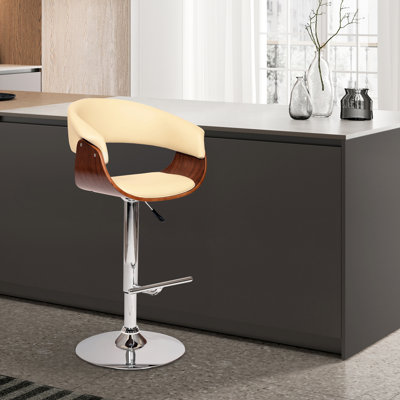 March Mid-century Modern Adjustable Height Swivel Bar Stool in Faux Leather, Chrome and Walnut Wood