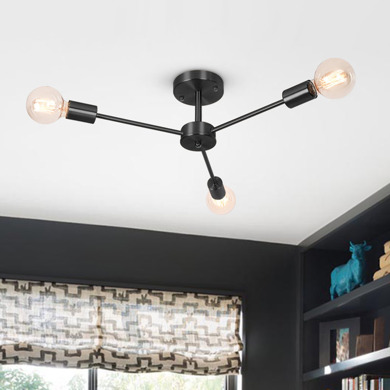 Wray 3-Light 60cm Industrial Sputnik Semi Flush Mount Geometric Chandelier, Black