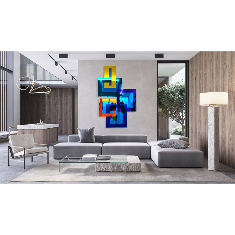 Miroir géométrique bleu, art mural contemporain