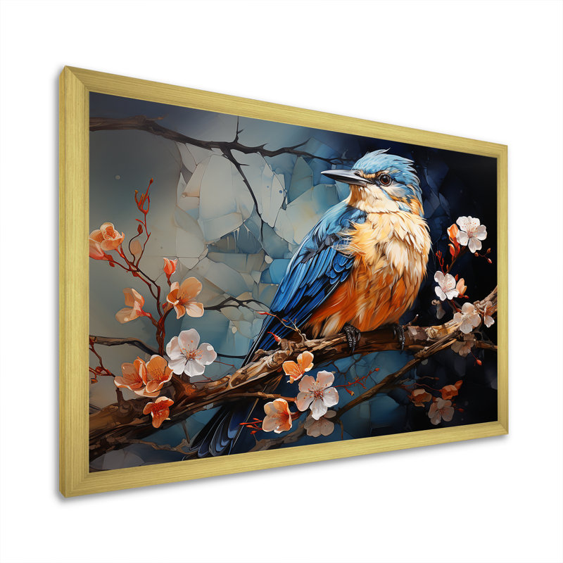 Oiseaux géométriques dans un ciel cubique III, H 30 po x l 40 po x P 1,5 po, Cadre doré simple
