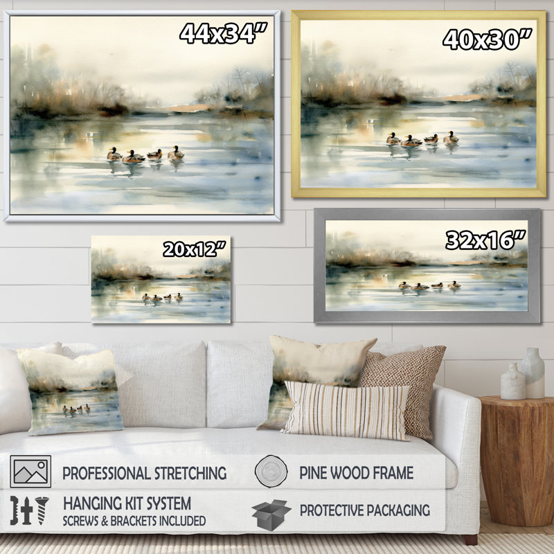 «Ducks in Pond II», art mural sur toile, H 34 po x l 44 po x P 1,5 po, Cadre flottant érable