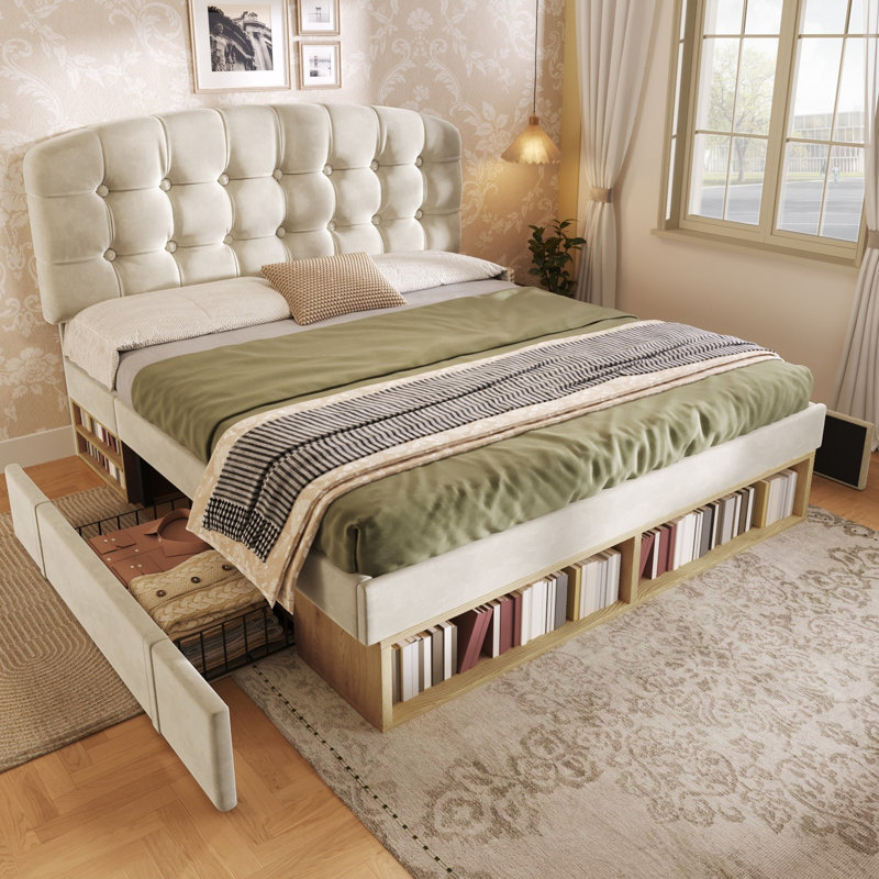 Estella Beige Velvet Upholstered 5Ft King Bed With Storage Compartments And Drawers With Adjustable Headboard,150 X 200 Cm (No Mattress)