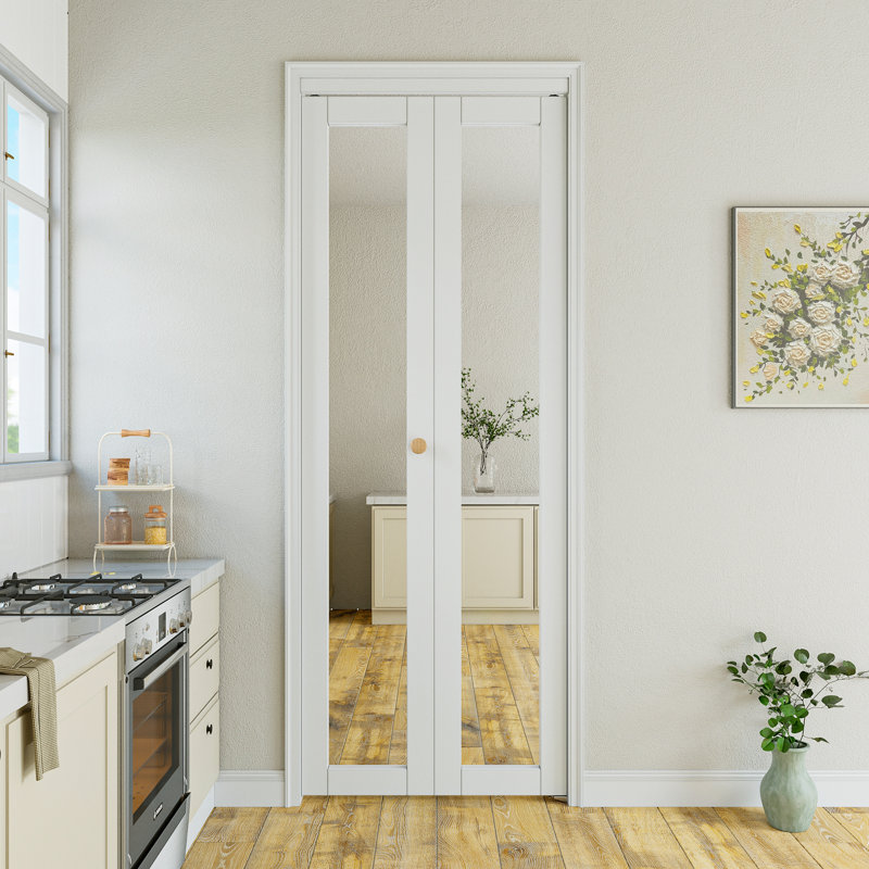 Paintable 1-Lite Mirrored Glass Solid Core Primed Bi-fold Doors with Installation Hardware Kit, 30" x 80"