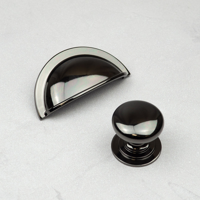 Gloss Black Nickel Cup Handle & Coordinating Knob, 42mm Knob