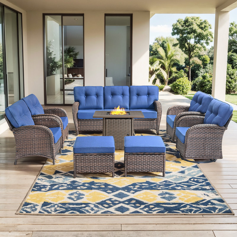Teebeck 8-Piece Wicker Rattan Patio Conversation Set With Square Fire Pit Table And Swivel Chairs, Blue