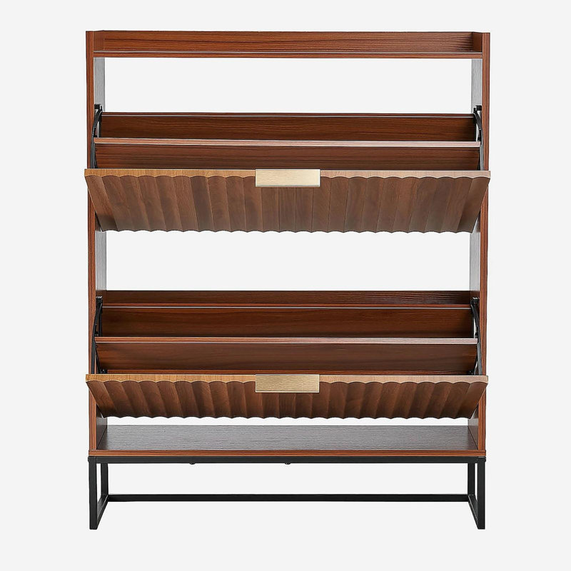 Rangement à chaussures Mid-Century cannelé avec 2 tiroirs rabattables et rangement autoportant en noyer pour le couloir d'entrée et la chambre à coucher | Idée de cadeau