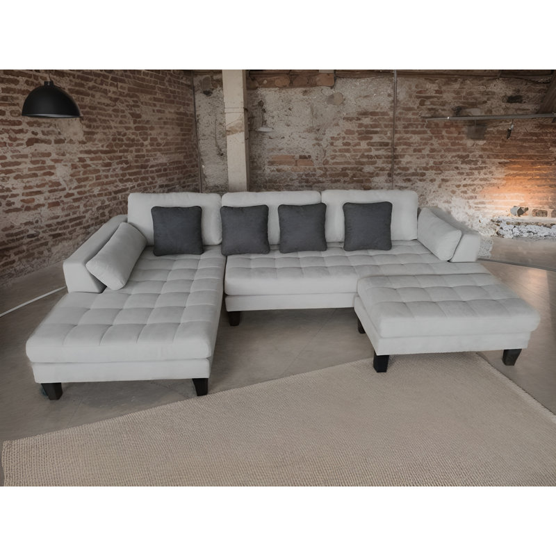 Canapé modulaire en microfibre avec repose-pieds Pritesh, Accoudoir à gauche (vu de face), Microfibre/microsuède gris clair