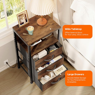 Table de chevet moderne avec station de charge, 3 tiroirs en tissu et tablette ouverte, ports USB-C USB et prises de courant pour le dortoir d'une chambre à coucher