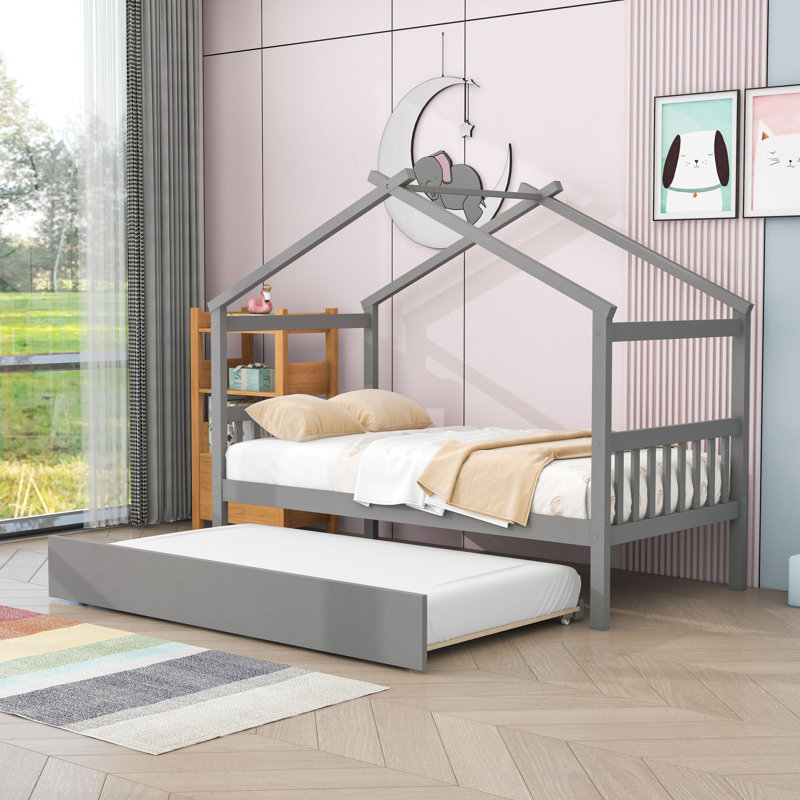 Lit maison en bois avec lit gigogne Iakup, Simple, Gris