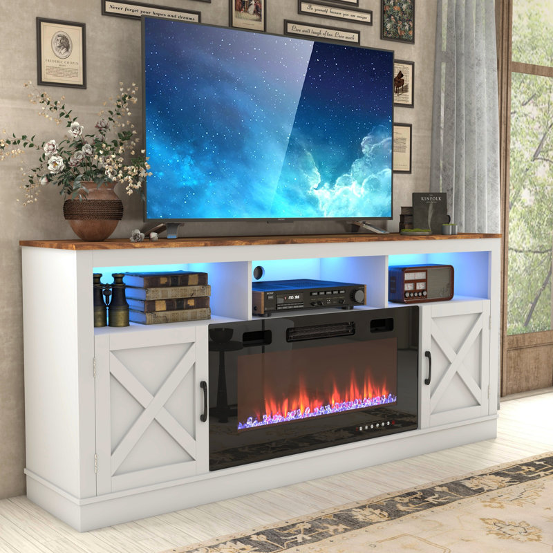 Zev Storage Credenza with Fireplace Included, White, 31.5" H x 70.8" W x 13.8" D