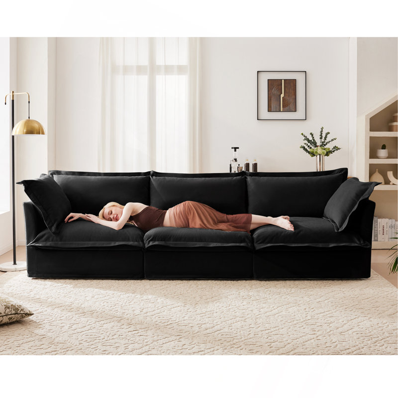 Slipcovered Sofa Couch, Modern 3 Seater Sofa With Suppleness Armrests, Chenille Fleece Deep Seat Sofa With Soft Multiple Big Pillows, Comfy Couch For Living Room, Apartment,Chenille Fabric, Black