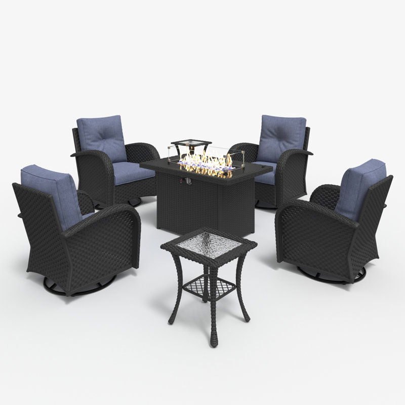 Ensemble de mobilier d'extérieur 7 pièces avec foyer et table modulaire en rotin et osier Lark Manor ™, Marine
