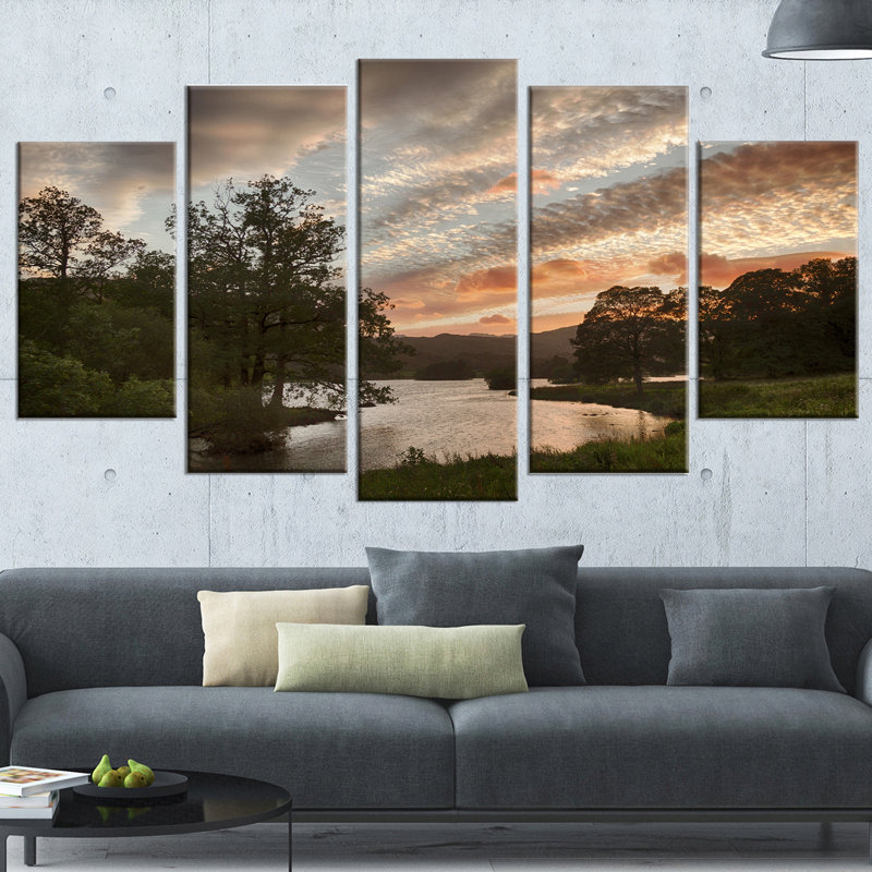 Sunset Over Rydal Waters - 5 Piece Wrapped Canvas Photograph