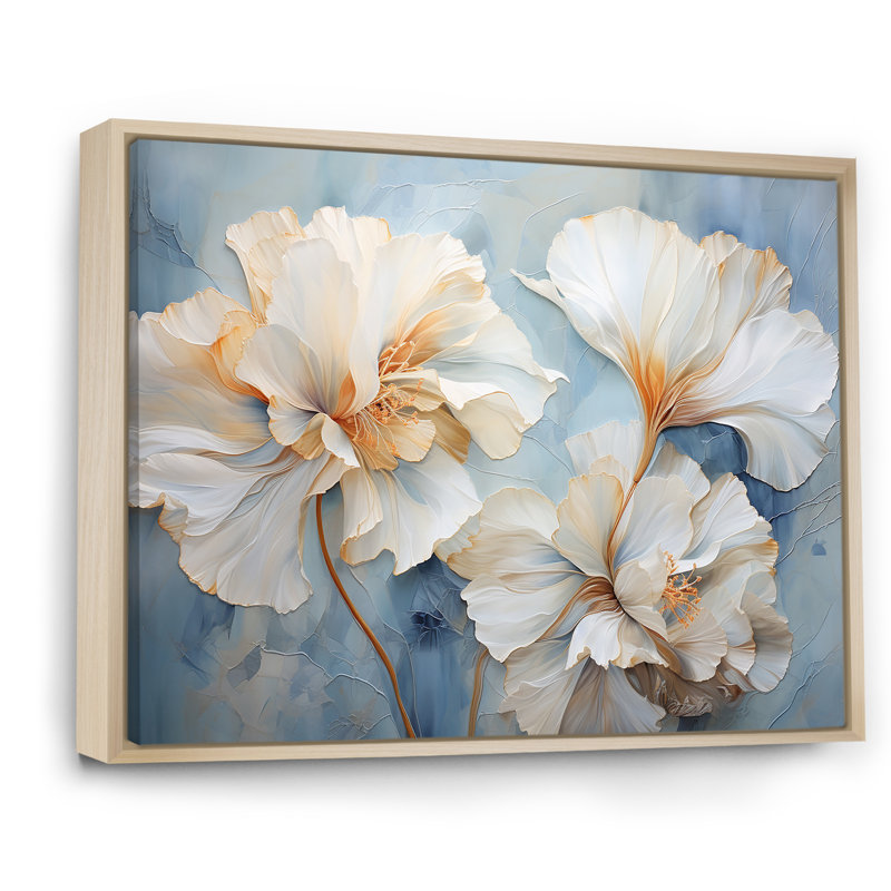 Œillets beiges sur fond bleu III sur toile, Cadre naturel flottant, H 12 po x l 20 po x P 1 po
