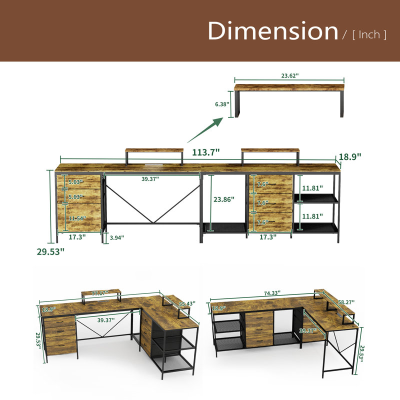 114" L-Shaped Desk With Power Hub, Industrial Gaming Desk - 6 Drawers, Removable Monitor Stand, Home Office
