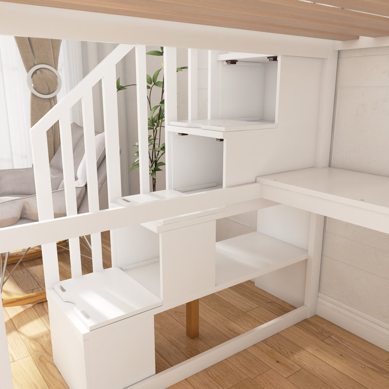 Lit mezzanine double avec bureau et tablettes, deux tiroirs intégrés, escalier de rangement, Blanc
