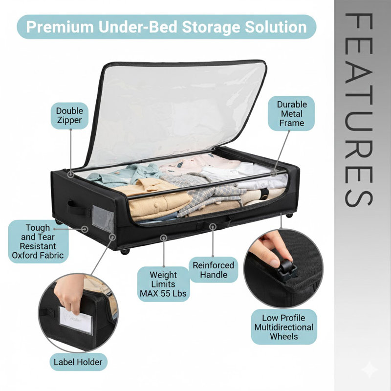 Ensemble de 2 contenants roulants de rangement sous le lit avec couvercle transparent, conception polyvalente peu encombrante et roulettes multidirectionnelles Smooth-Glide - idéales pour organiser les vêtements, les chaussures et plus encore