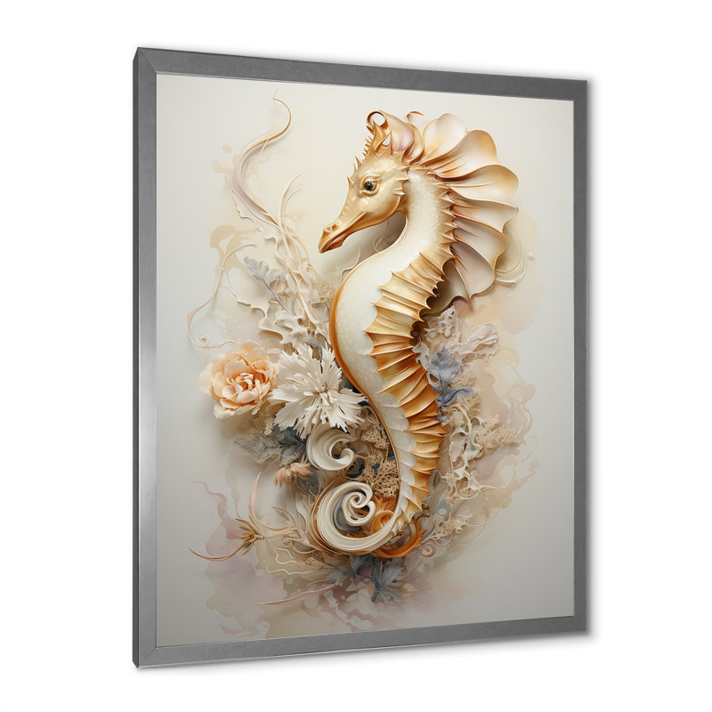 Hippocampe magique beige sur toile, H 44 po x l 34 po x P 1,5 po, Cadre simple argenté