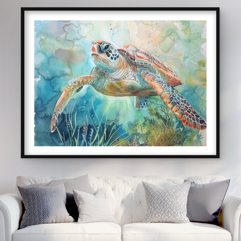 Tortue, reproduction encadrée avec passe-partout bleu | Décoration intérieure unique