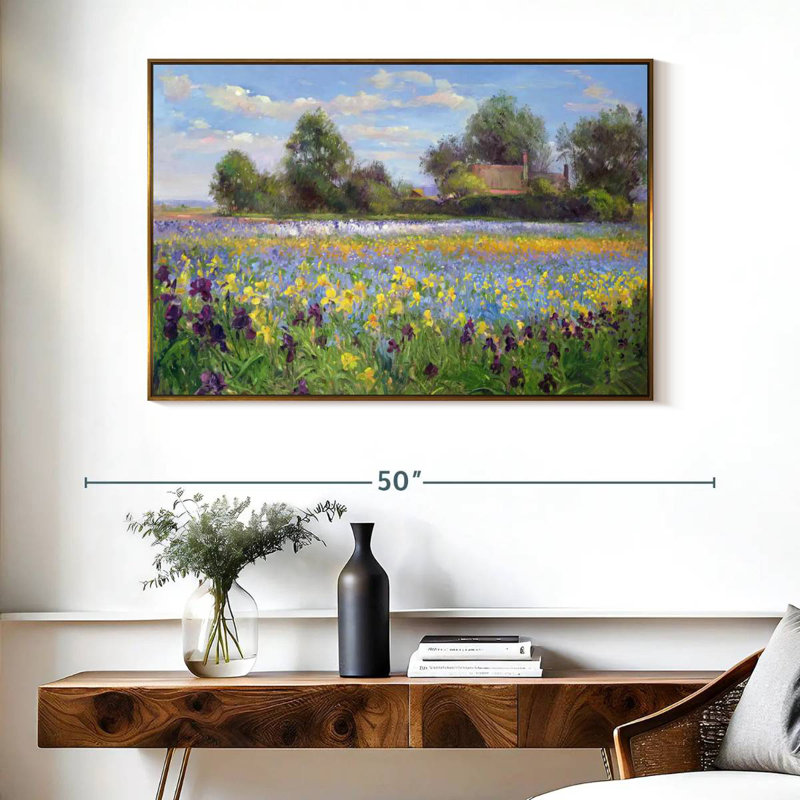 Ferme et champ d'iris, Cadre flottant doré, 40 po x 27 po