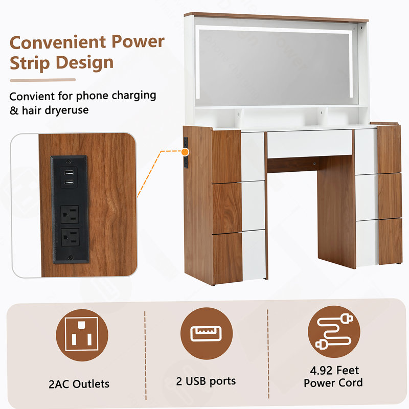 44.4" Elegant Vanity Table with Large Lighted Mirror & Power Outlet, Dressing Table with 7 Drawers & Shelves