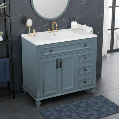 Meuble-lavabo autoportant de luxe - lavabo en céramique, tiroir rabattable et quincaillerie dorée?