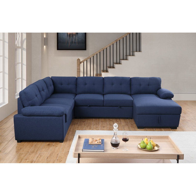 Aine 118" Wide Fabric Sectional Sleeper Sofa (Pull-Out Bed) With Storage Chaise, Dark Blue Microfiber/Microsuede
