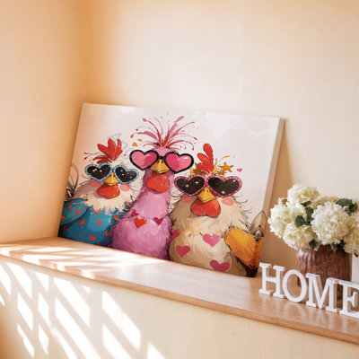 Drôle de coq mignon de poulet avec des lunettes de soleil en forme de cœur sur toile pour le salon, la chambre à coucher, le bureau, le couloir, le vestibule, le mur de la galerie et la décoration intérieure moderne
