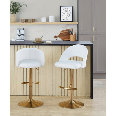 Tabouret de bar réglable avec pivot en métal doré et similicuir blanc avec repose-pieds rond en T - ensemble de 2
